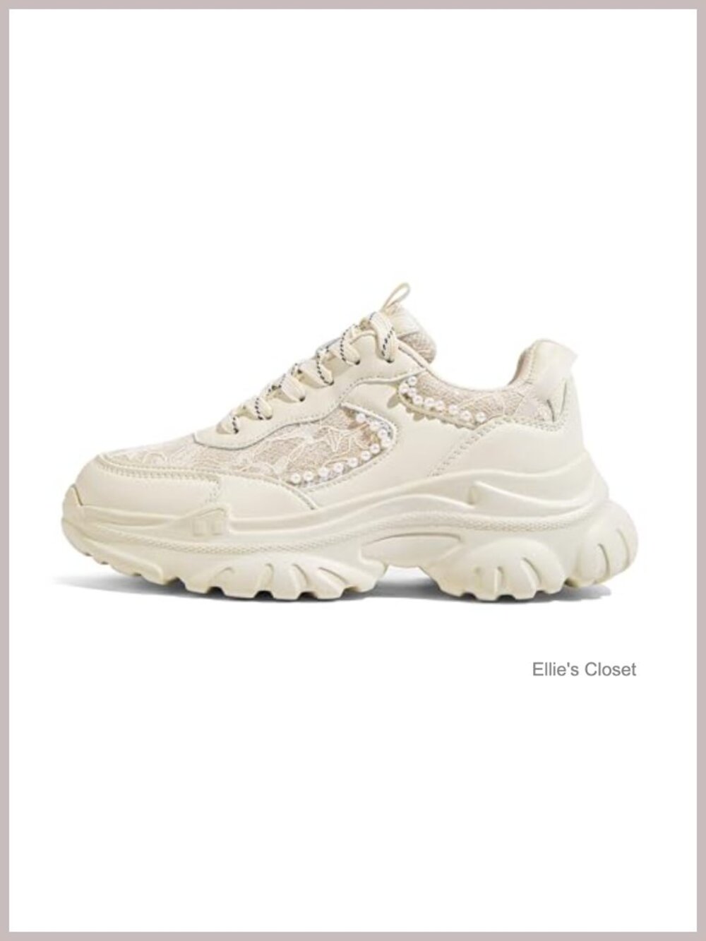 Women Chunky Fashion Sneakers Dad Shoes Pearl Beaded Chains Lace Up Walking